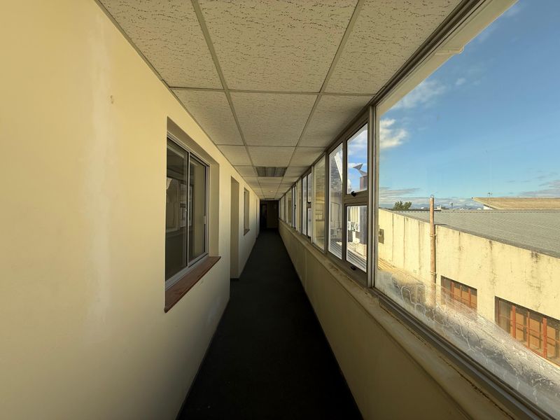 A long, narrow commercial hallway featuring large windows with exterior views, drop ceiling tiles, and carpeted flooring.