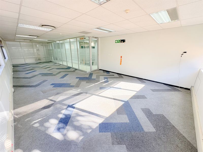 A bright, open-plan office space featuring modern patterned carpet tiles, suspended ceilings with recessed lighting, and glass-partitioned meeting rooms.