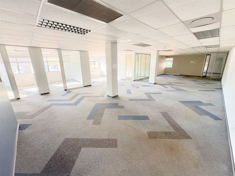 Spacious open-plan office area featuring suspended ceilings, recessed lighting, glass partitioning, and patterned carpet tiles throughout.