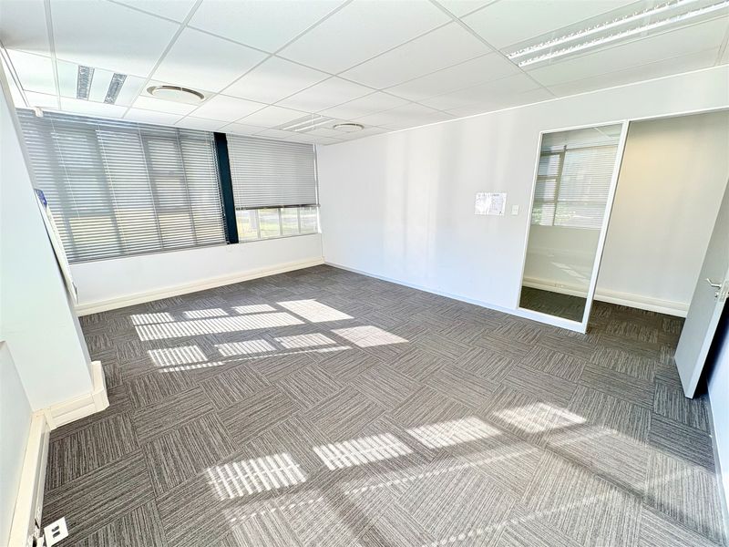 A bright, empty office space featuring neutral carpet tiles, a suspended ceiling with recessed lighting, and large windows with fitted venetian blinds.