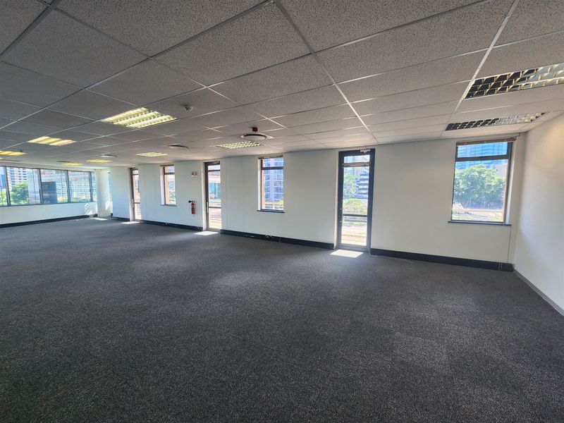 Spacious, open-plan office area featuring neutral carpeting, suspended ceilings with recessed lighting, and multiple windows providing ample natural light and city views.