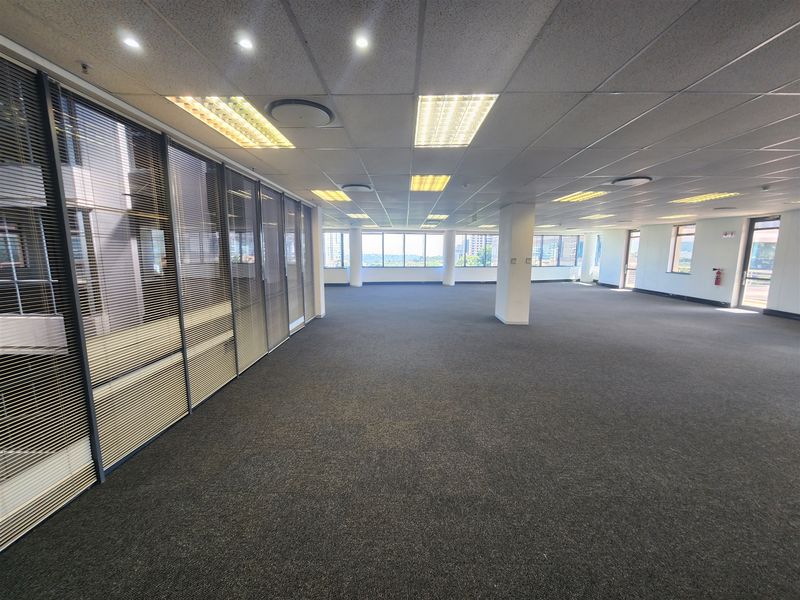 Spacious open-plan office area featuring carpeted flooring, suspended ceilings with recessed lighting, and glass-partitioned offices with integrated blinds.