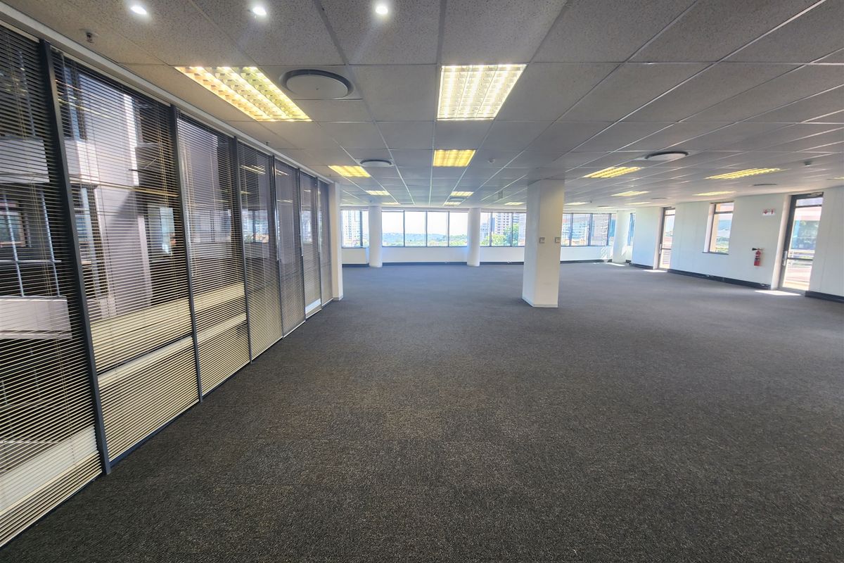 Spacious open-plan office area featuring carpeted flooring, suspended ceilings with recessed lighting, and glass-partitioned offices with integrated blinds.