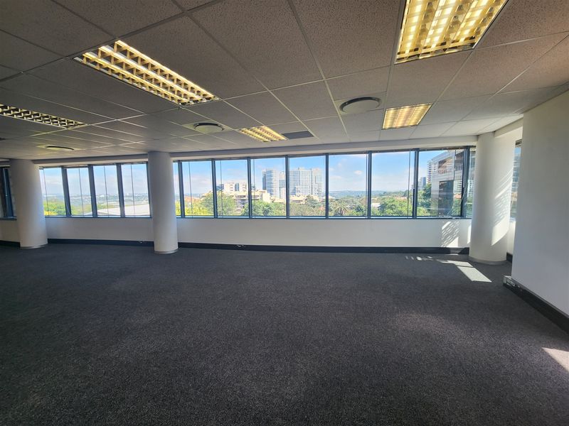Spacious, empty open-plan office area featuring large windows with city views, carpeted flooring, and a suspended ceiling with recessed lighting.