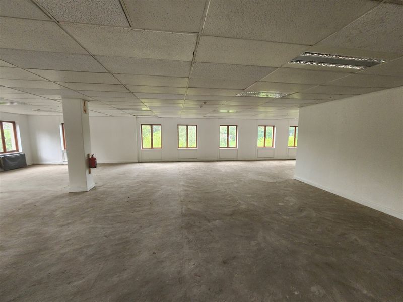 A large, open-plan office space featuring a suspended ceiling, recessed lighting, and multiple windows providing natural light.