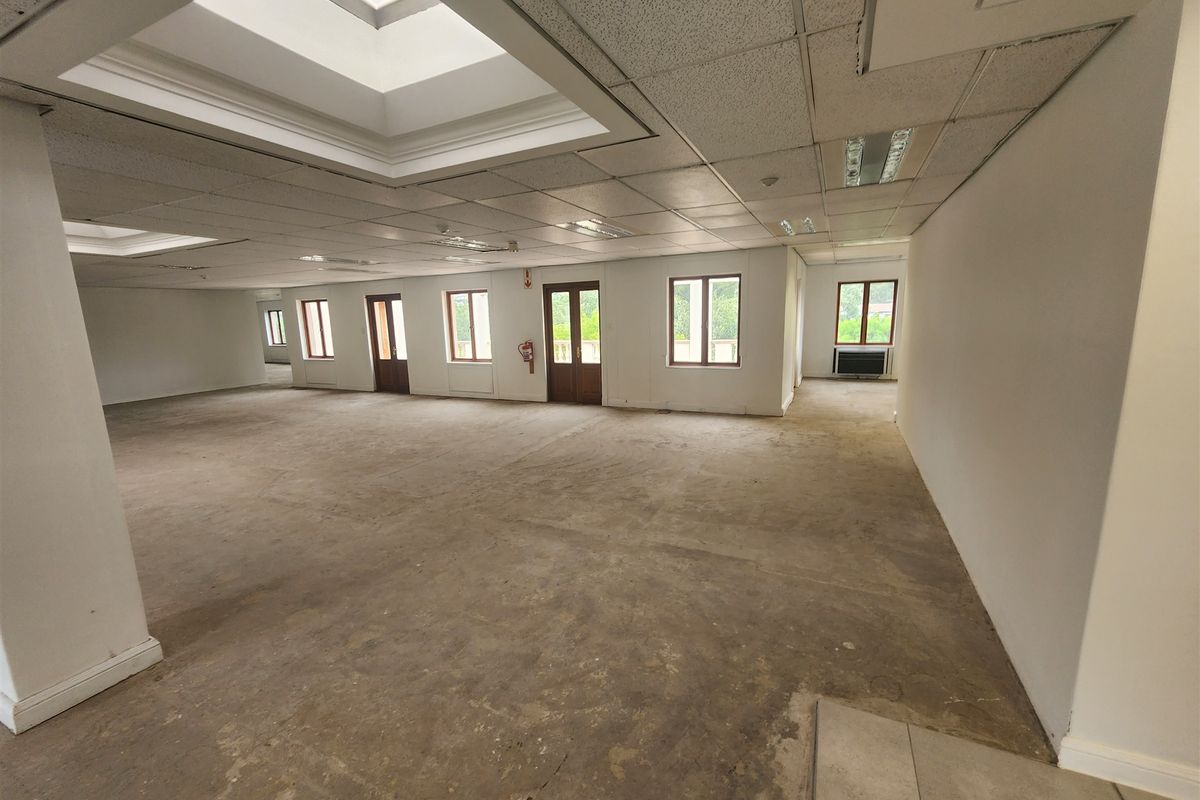 A large, open-plan office space featuring a suspended ceiling with integrated skylights, multiple windows, and exposed concrete flooring ready for refurbishment.