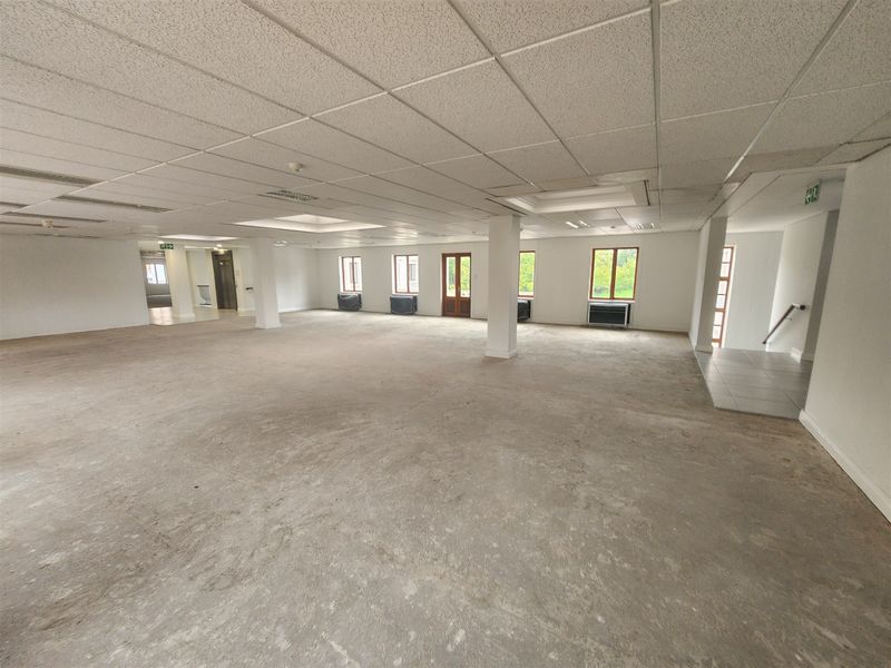 A large, open-plan office space featuring a suspended ceiling, structural columns, and unfinished concrete flooring, ready for custom fit-out.