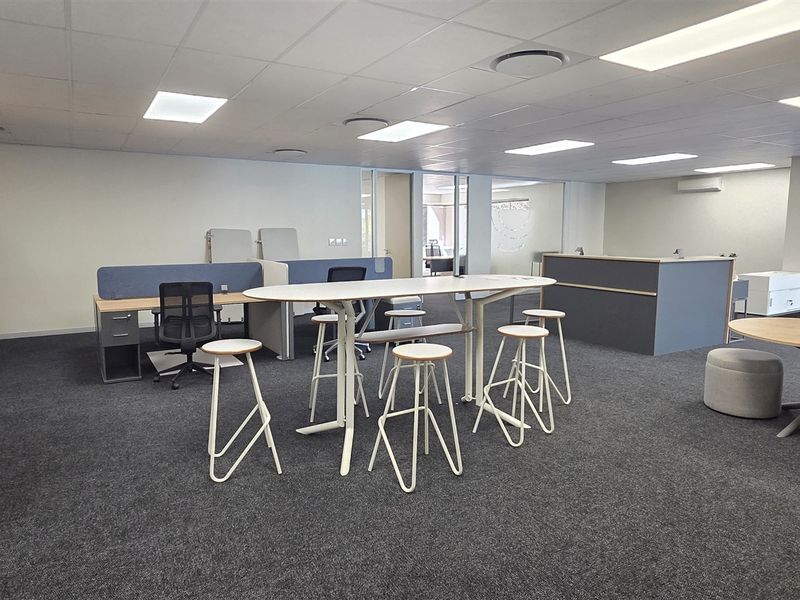 A spacious, modern open-plan office area featuring suspended ceilings, recessed lighting, and neutral carpeting, suitable for a collaborative workspace environment.