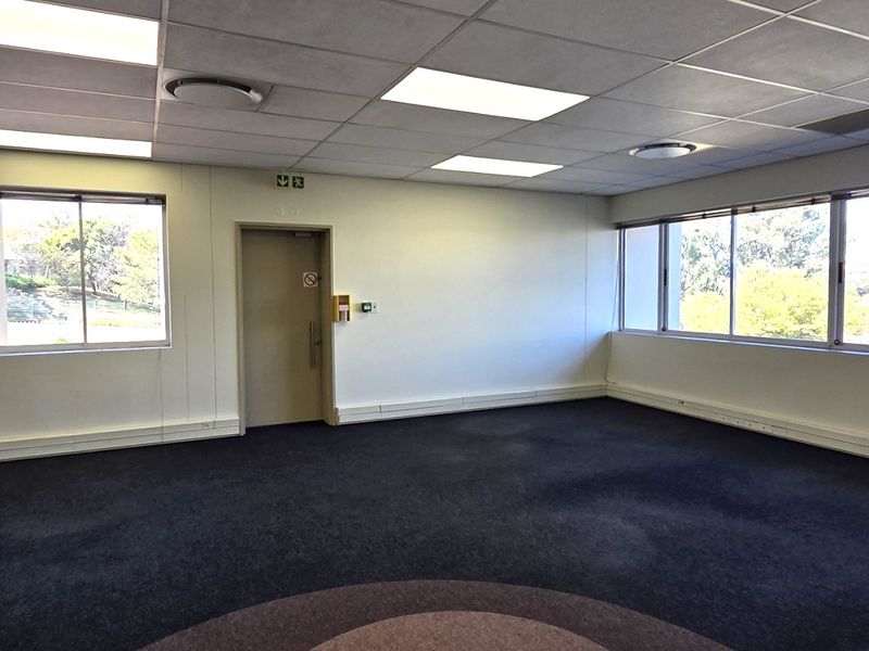 A vacant, open-plan office space featuring a suspended ceiling, recessed lighting, and large windows providing natural light.