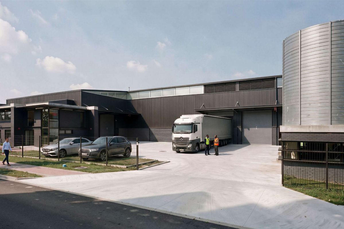 Modern industrial facility featuring metal cladding, large roller shutter loading doors, a concrete yard, and an integrated silo structure.