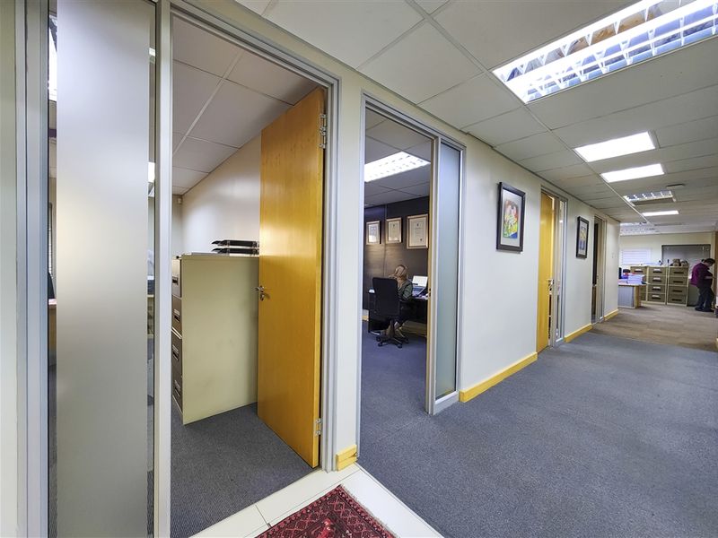 A professional office hallway featuring carpeted flooring, suspended ceilings with recessed lighting, and multiple private office entrances with timber doors and aluminium frames.