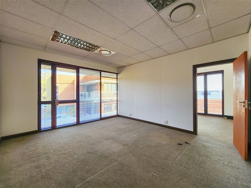 An empty office space featuring carpeted flooring, a suspended ceiling with recessed lighting, and large windows with venetian blinds.