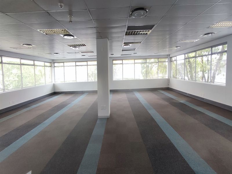 A spacious, open-plan office area featuring large windows, carpeted flooring, and a suspended ceiling with integrated lighting and air conditioning.