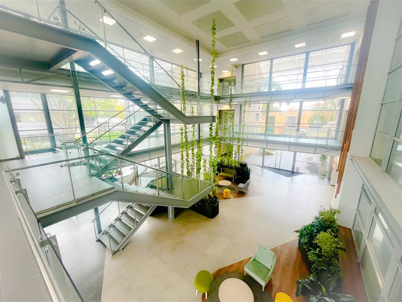 Spacious modern office atrium featuring a prominent steel staircase, extensive glass curtain walls, and high ceilings with integrated lighting.