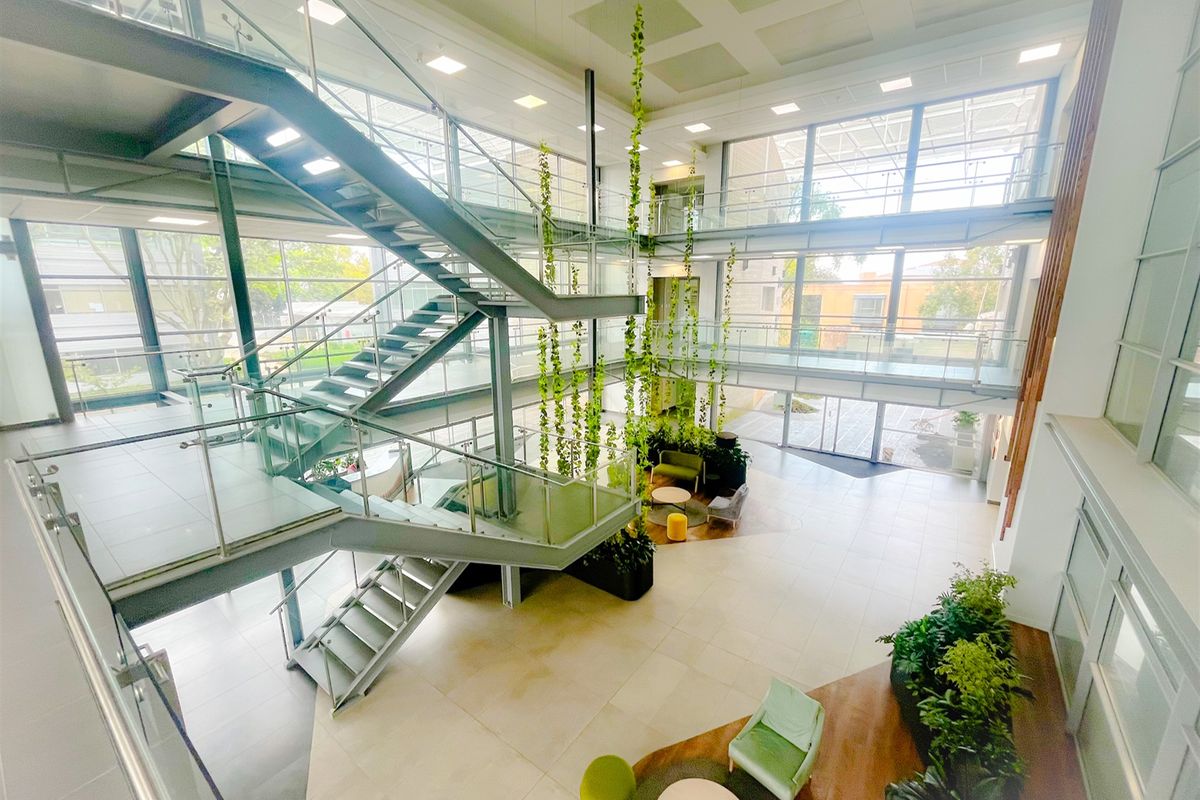 Spacious modern office atrium featuring a prominent steel staircase, extensive glass curtain walls, and high ceilings with integrated lighting.