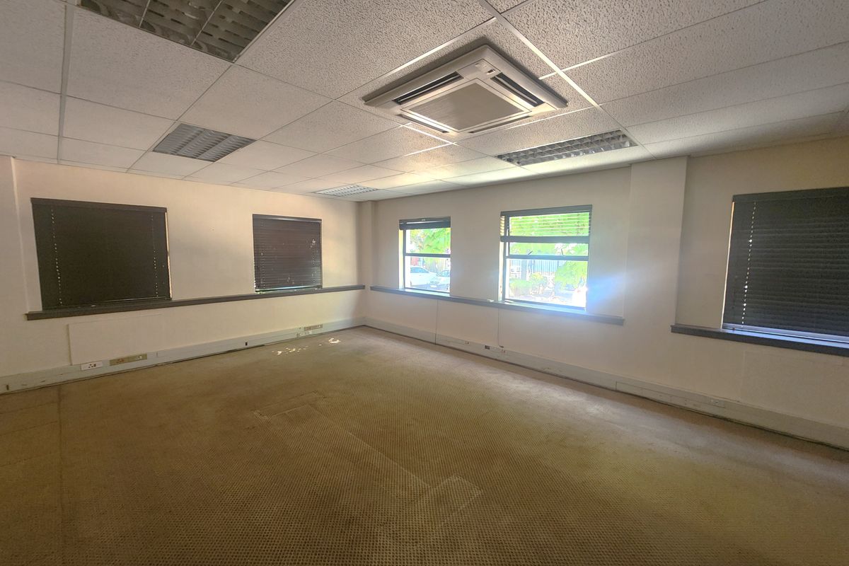 An empty office space featuring a suspended ceiling with integrated air conditioning, recessed lighting, and carpeted flooring with multiple windows.