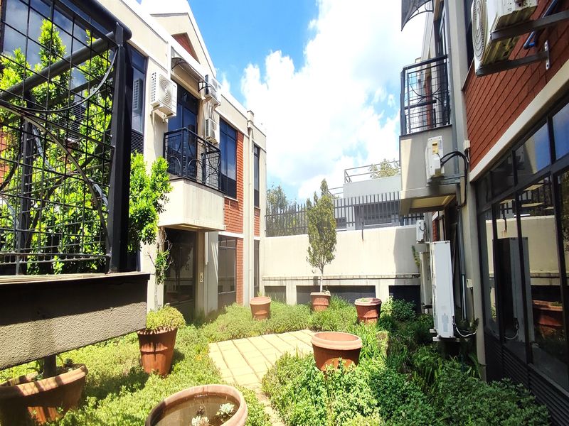 A rear courtyard area featuring a paved walkway, landscaped garden beds, and exterior building facades with mounted air conditioning units and balconies.