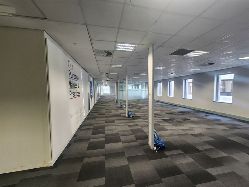 A spacious, open-plan office area featuring a suspended ceiling, recessed lighting, and modular carpet tiles, currently vacant and ready for custom fit-out.