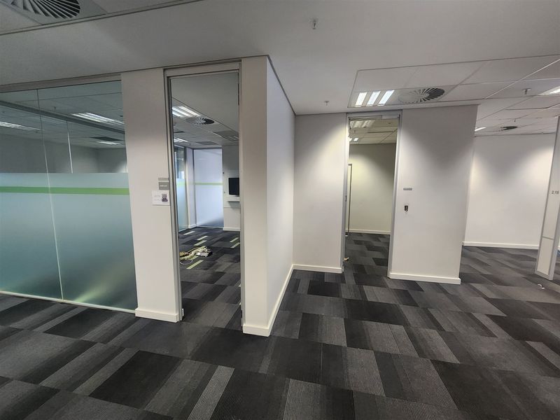 Modern vacant office space featuring glass partitions, suspended ceilings with recessed lighting, and durable carpet tiles throughout the open-plan layout.