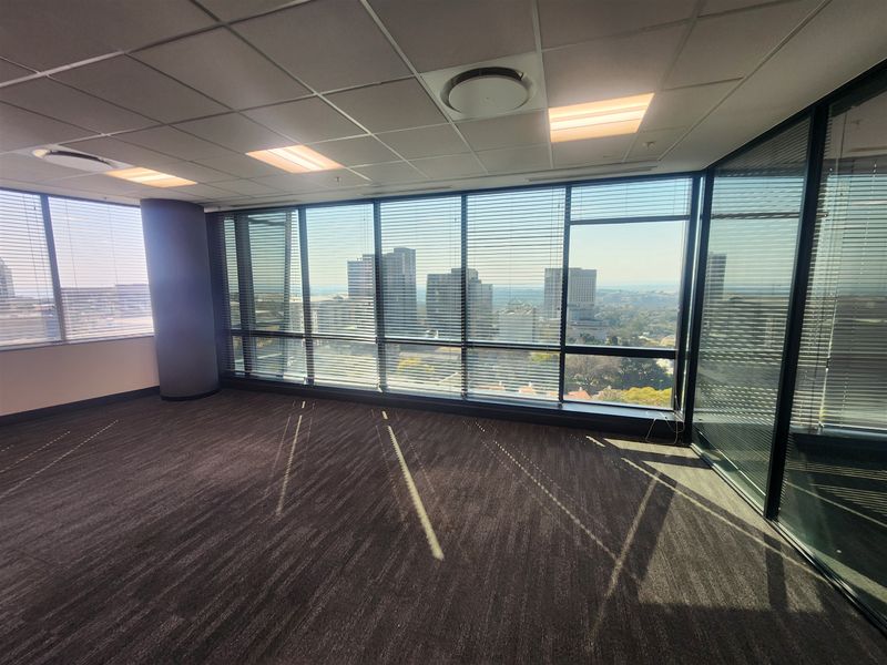 A bright, empty office space featuring floor-to-ceiling windows with city views, suspended ceilings, and modern glass partitioning.