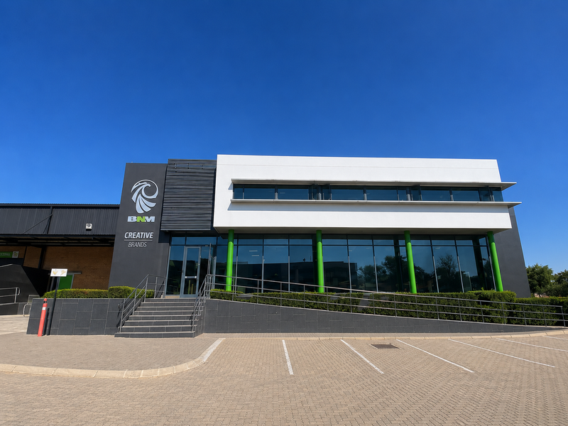 Modern industrial office building facade featuring a glass curtain wall, paved parking, and accessible ramp entrance with professional signage.