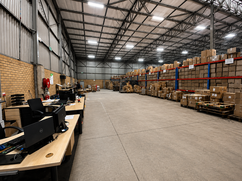 Spacious industrial warehouse featuring high ceilings with exposed steel trusses, concrete flooring, and extensive heavy-duty pallet racking for storage.