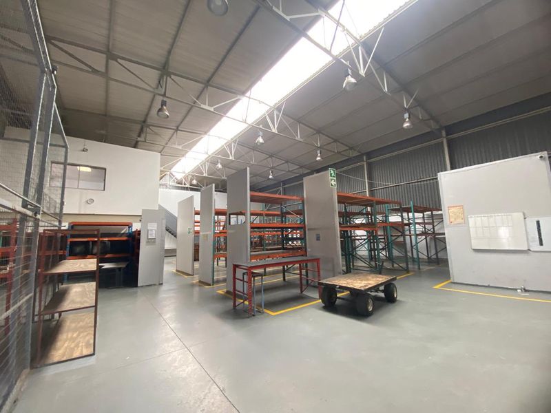 Spacious industrial warehouse featuring high ceilings with skylights, durable epoxy flooring, and integrated steel racking systems suitable for storage or logistics operations.