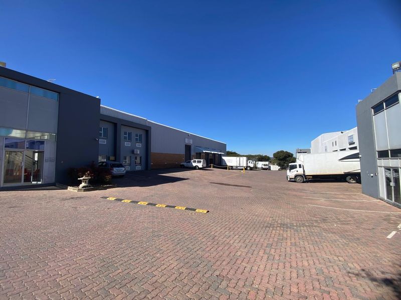 Spacious industrial exterior featuring a paved yard, multiple access points, and ample parking space suitable for logistics or commercial operations.