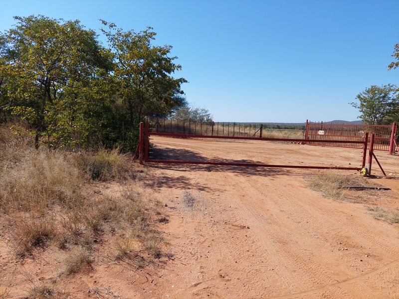 A view of the farm entrance featuring a red metal gate and wire fencing along a dirt access road.