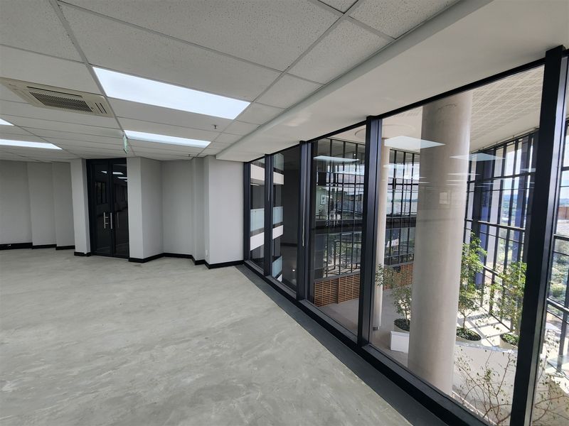 A modern, vacant office space featuring polished concrete floors, suspended ceilings with integrated lighting, and expansive glass partitioning overlooking an atrium.