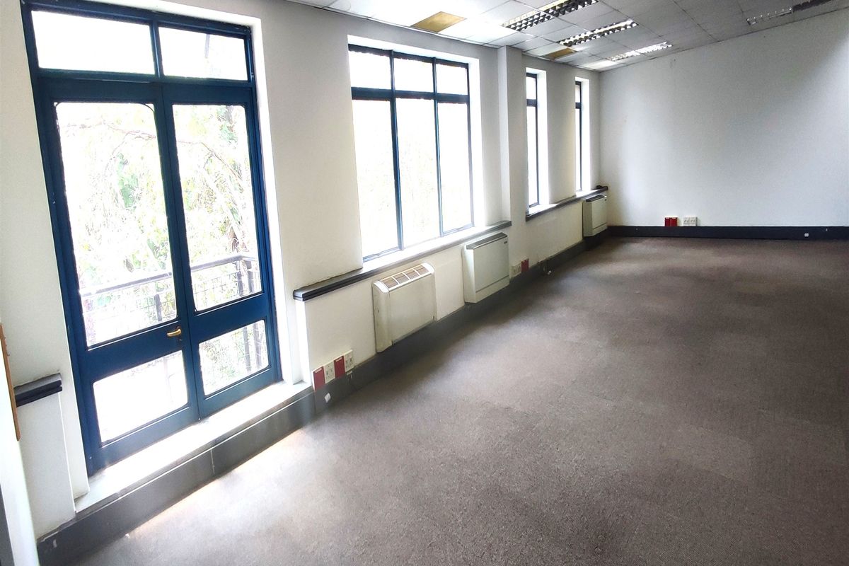 Spacious, empty office area featuring large windows, wall-mounted HVAC units, carpeted flooring, and a suspended ceiling with recessed lighting.