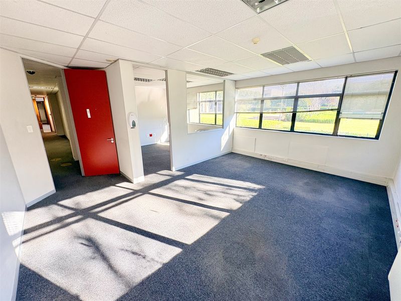A vacant office space featuring large windows, carpeted flooring, and a suspended ceiling with recessed lighting, offering a bright and functional workspace.