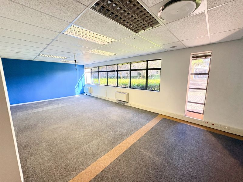 Spacious, empty office area featuring large windows, suspended ceilings with recessed lighting, wall-mounted air conditioning units, and carpeted flooring.