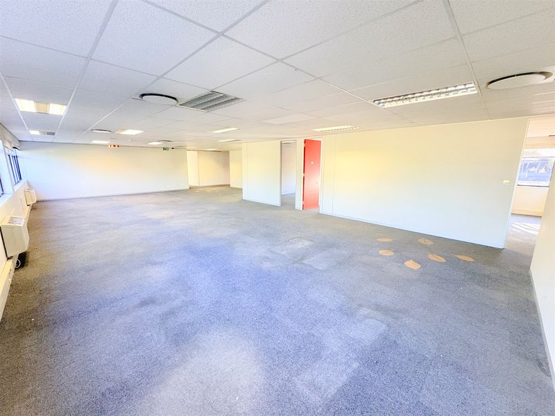 A spacious, open-plan office area featuring a suspended ceiling, recessed lighting, and carpeted flooring, ready for custom fit-out.
