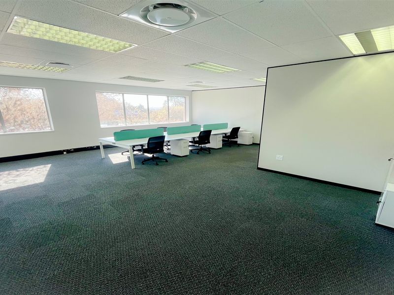 A bright and spacious open-plan office area featuring carpeted flooring, suspended ceilings with recessed lighting, and large windows providing ample natural light.