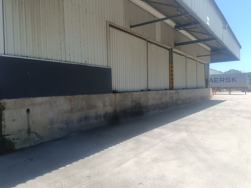 Industrial exterior view showing a concrete loading dock area with corrugated metal cladding and a steel roof overhang.