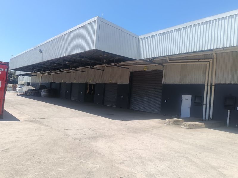 Industrial warehouse exterior featuring multiple roller shutter doors, a large concrete loading apron, and a protective canopy for logistics operations.