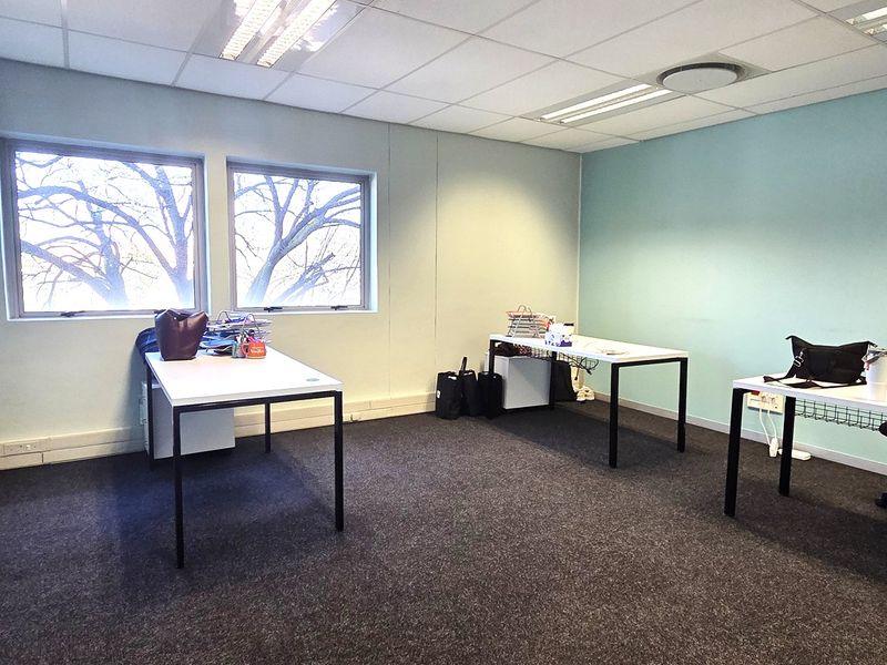A functional office space featuring carpeted flooring, a suspended ceiling with recessed lighting, and large windows providing natural light.