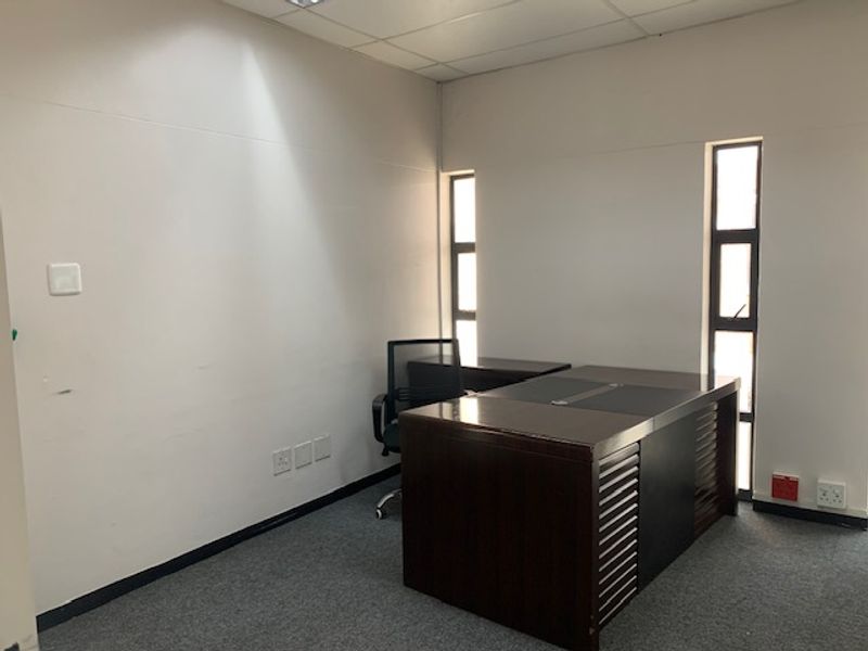 A functional office space featuring grey carpeting, drop ceiling tiles, and two vertical windows providing natural light.