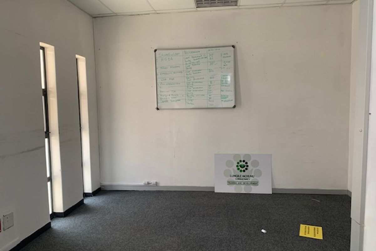 A functional office space featuring a suspended ceiling, grey carpeting, and vertical windows, providing a clean and professional environment for business operations.