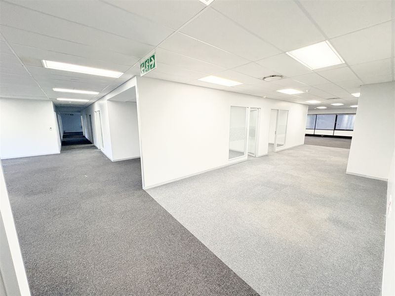 A spacious, vacant open-plan office area featuring neutral carpeting, suspended ceilings with recessed lighting, and glass-partitioned office rooms.