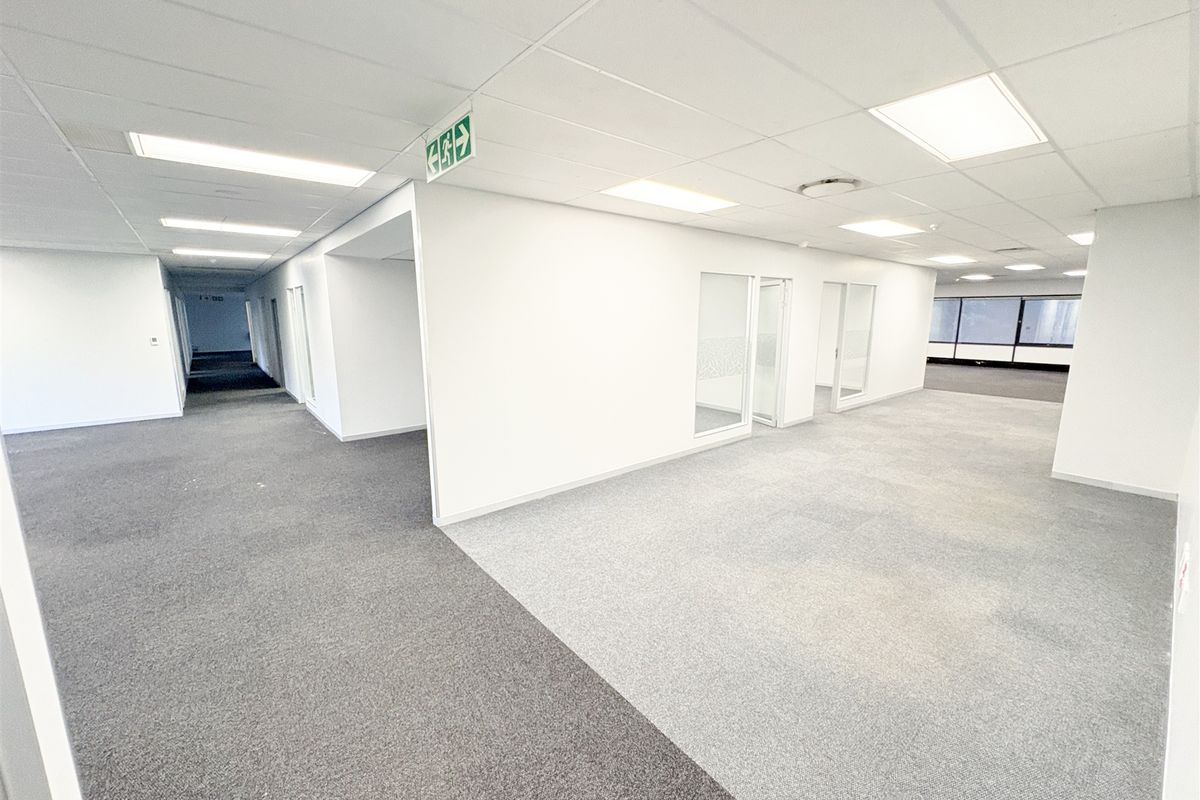 A spacious, vacant open-plan office area featuring neutral carpeting, suspended ceilings with recessed lighting, and glass-partitioned office rooms.