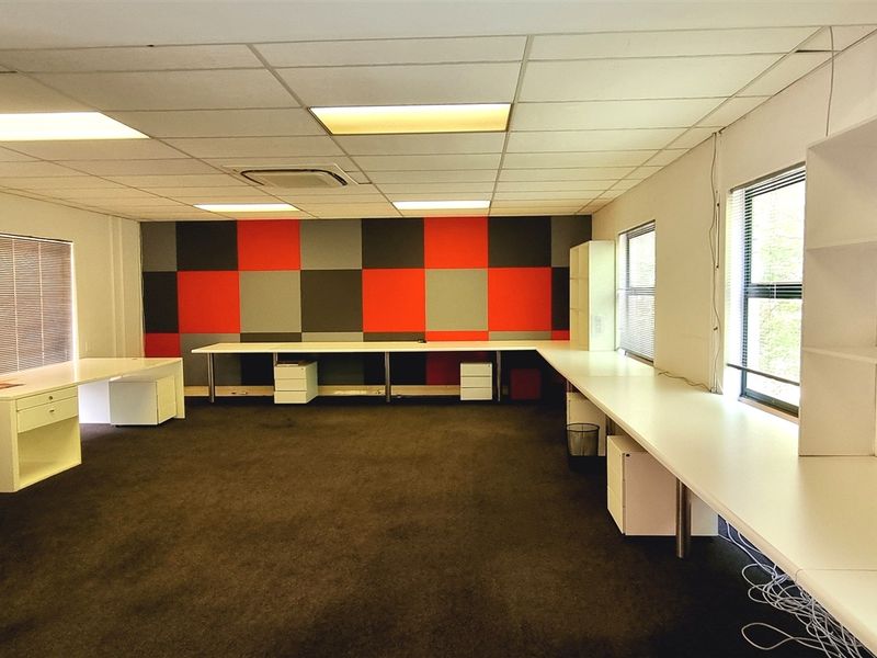 Spacious office area featuring built-in desks, integrated shelving, acoustic wall paneling, and a suspended ceiling with recessed lighting.