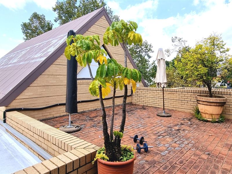 An open-air rooftop terrace featuring brick paving and a low brick perimeter wall, offering a functional outdoor space with a pitched roof structure.