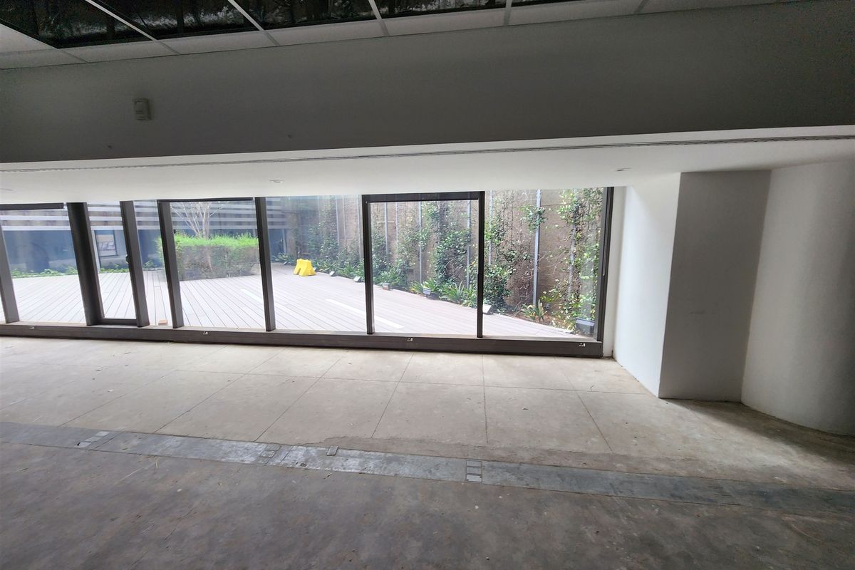 An empty office space featuring large floor-to-ceiling windows with direct access to an outdoor deck area and a suspended ceiling grid.