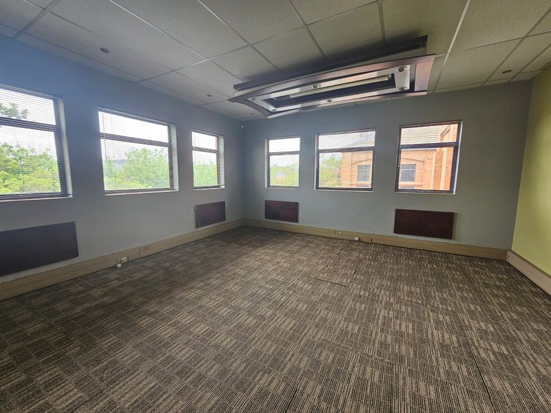 A vacant office space featuring carpeted flooring, a suspended ceiling with recessed lighting, and multiple windows with venetian blinds.