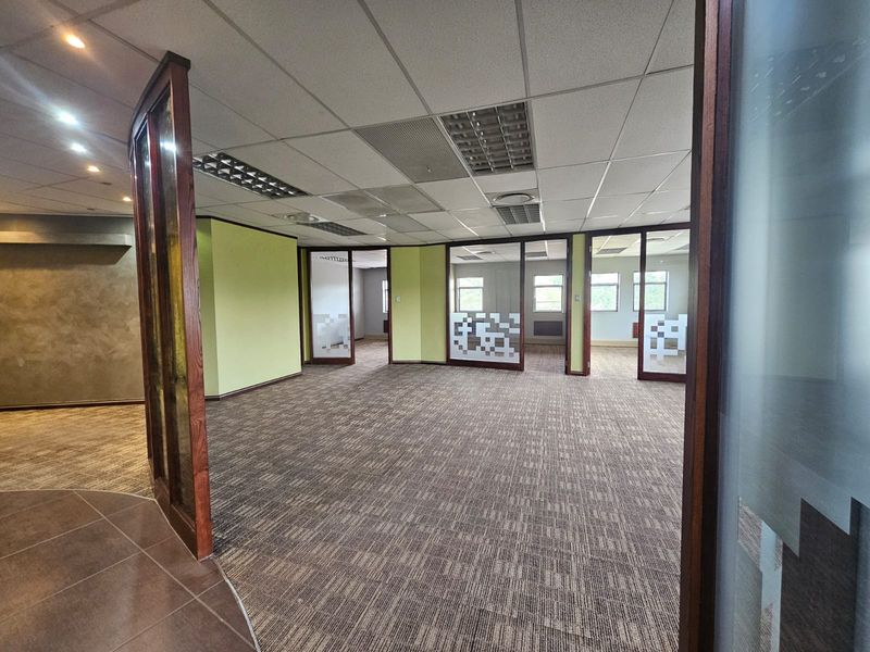Spacious open-plan office area featuring glass partitions, suspended ceilings with recessed lighting, and neutral carpeting, offering a versatile layout for professional use.