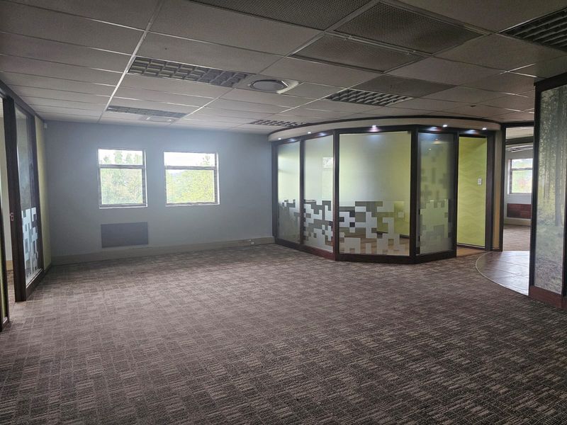 Spacious open-plan office area featuring glass partitions, suspended ceilings with recessed lighting, and neutral carpeting, suitable for a professional workspace.
