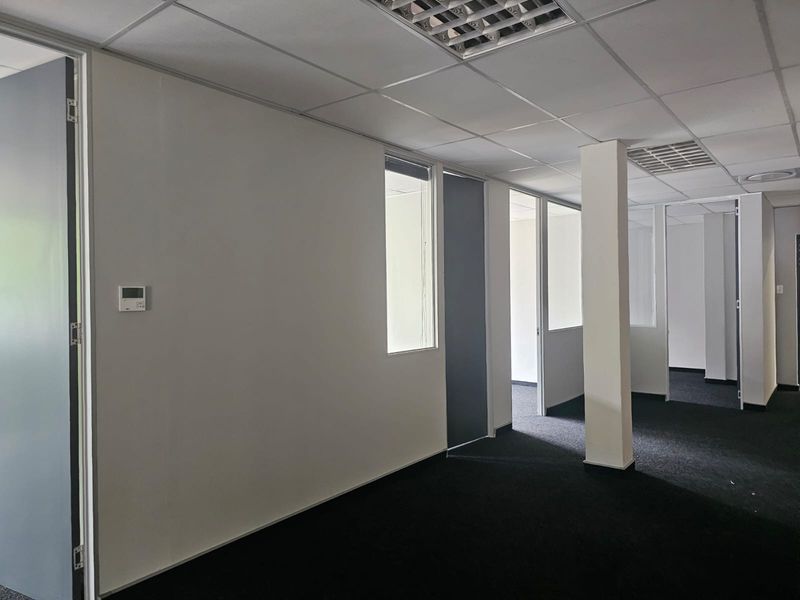 A vacant, professional office space featuring glass partitions, suspended ceilings with recessed lighting, and dark carpet flooring, offering a clean and functional layout.
