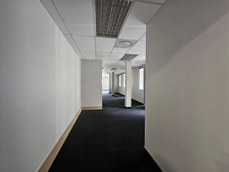 A spacious, empty commercial hallway featuring a suspended ceiling with recessed lighting and dark carpet flooring, suitable for various office configurations.